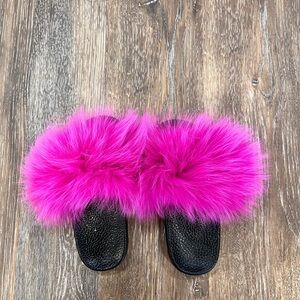 Vibrant Pink and Black Furry Slippers